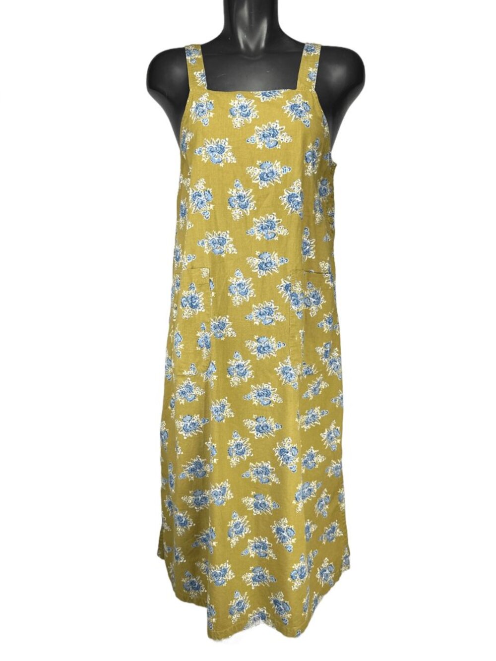 APRIL CORNELL 100% Cotton Floral A-Line Olive Green Blue Sleeveless Dress Size S